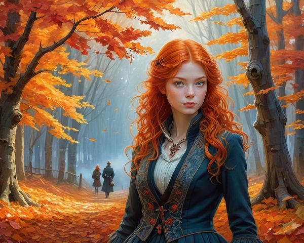 Young Woman in Dark Outfit in Autumn Forest Setting