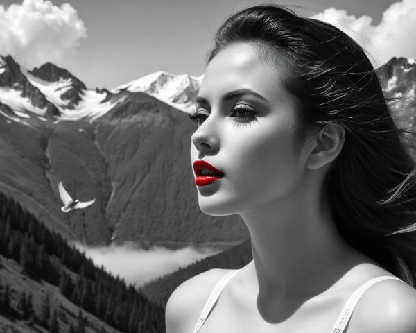 Black and White Portrait of Woman with Mountain Backdrop