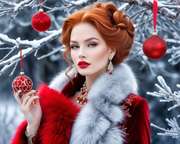 Red-haired woman in velvet coat with Christmas ornaments