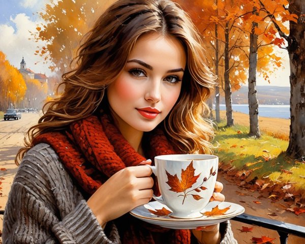Young woman in cozy sweater enjoys tea outdoors in fall