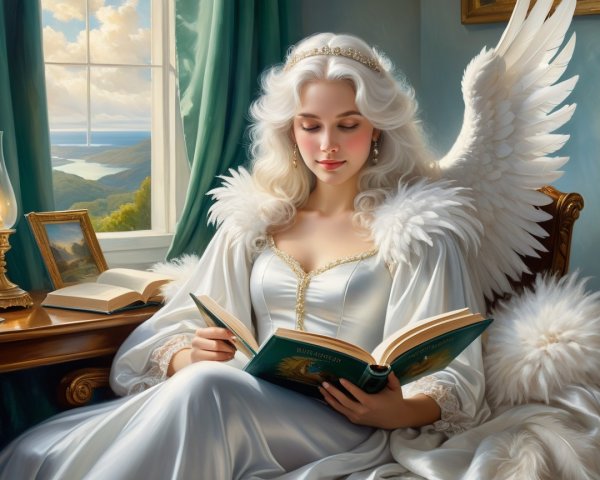Serene Angelic Figure Reading in Sunlit Room