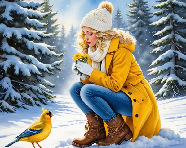 Woman in Yellow Coat with Dandelions in Snowy Forest