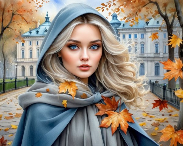 Young Woman in Cloak Amidst Autumn Landscape