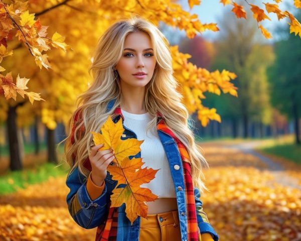 Young Woman in Autumn Park with Golden Leaves