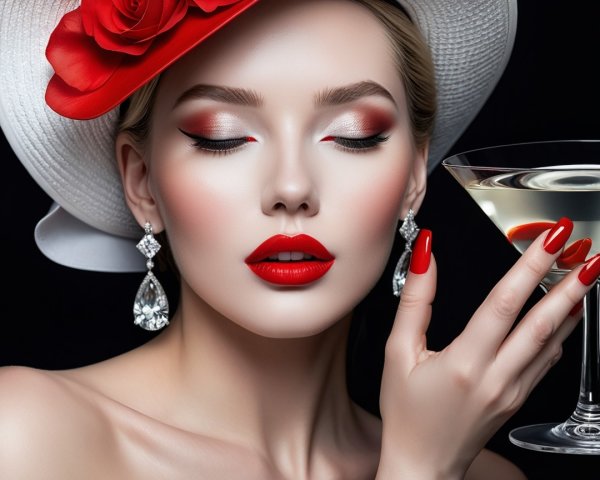 Glamorous Woman in Elegant Attire with Martini Glass