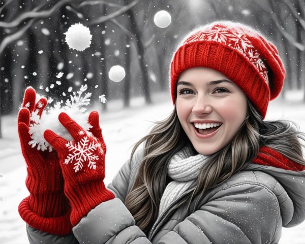 Cheerful Woman in Winter Landscape with Snowball