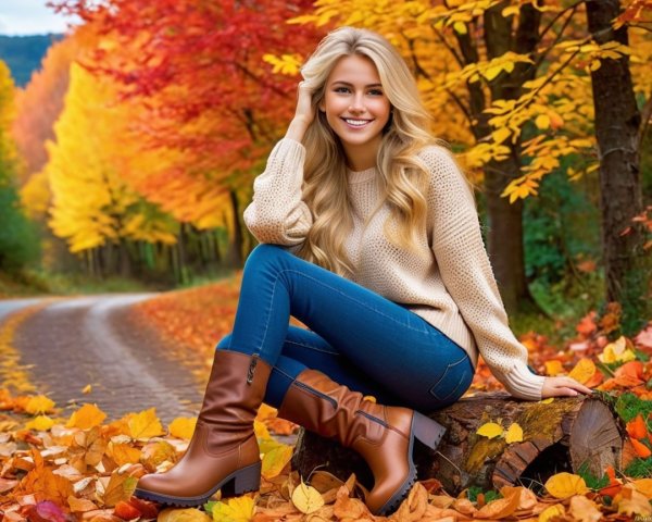 Young woman on log in vibrant autumn scenery