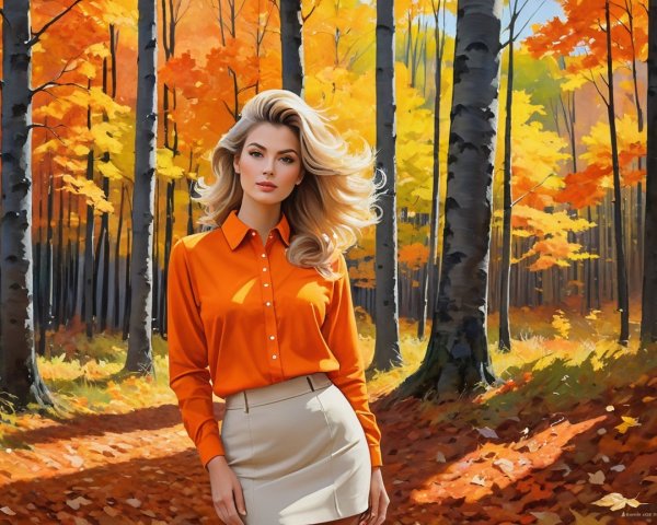 Autumn Forest Scene with Woman in Bright Outfit