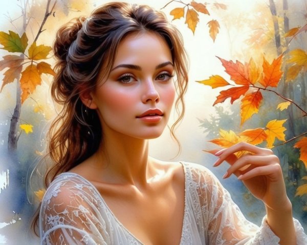Young woman in white dress among autumn leaves