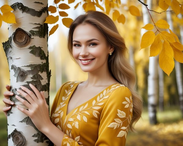 Young Woman in Mustard Dress by Birch Tree in Autumn