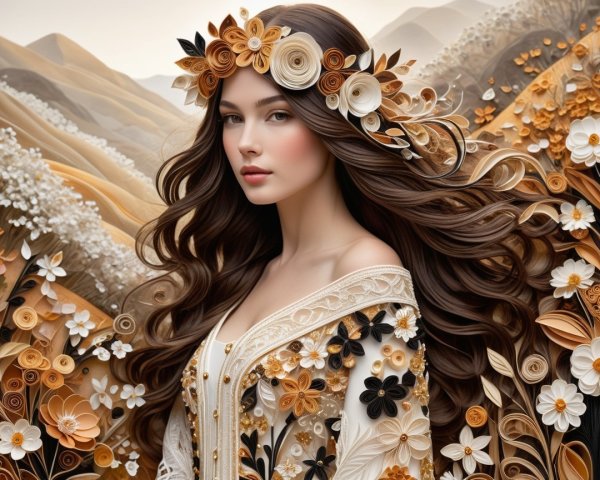 Portrait of a Young Woman with Floral Crown and Dress