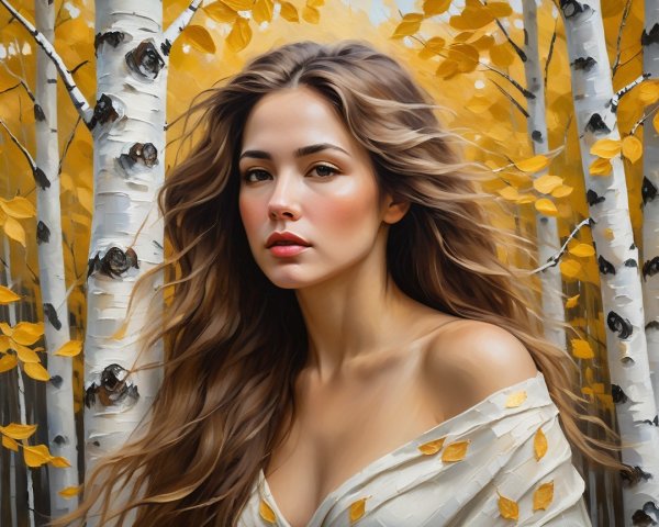 Young Woman in Birch Grove with Autumn Leaves