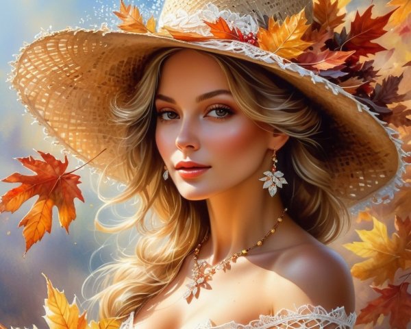 Woman in Straw Hat Surrounded by Autumn Colors