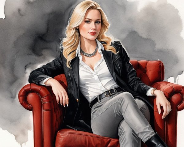 Stylish Woman in Black Jacket on Red Leather Chair