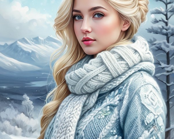 Young Woman in Sweater Against Snowy Mountain Scene
