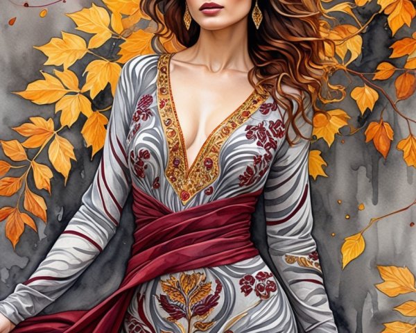 Elegant Woman in Vibrant Autumn Leaves and Dress