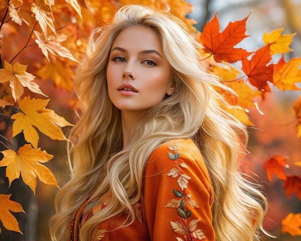 Young woman in orange blouse among autumn leaves