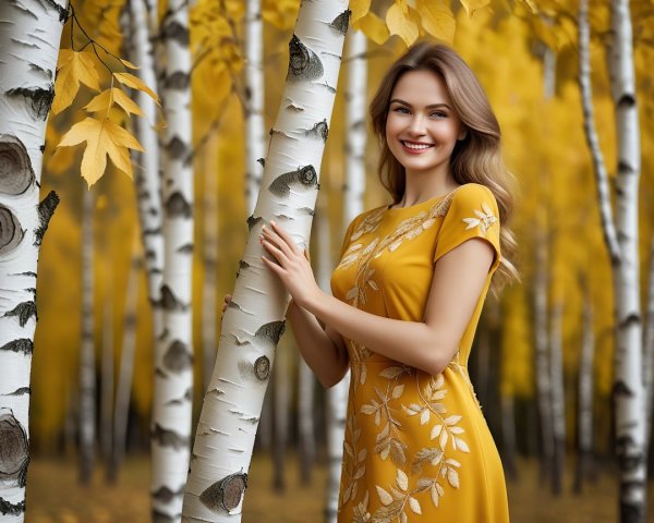 Young Woman in Yellow Dress Among Birch Trees