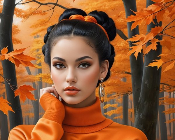 Young Woman in Autumn Forest with Vibrant Leaves