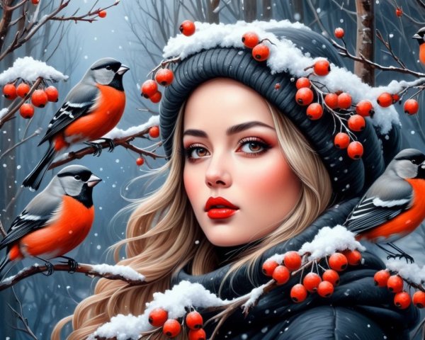 Winter Scene with Woman, Snowflakes, and Colorful Birds