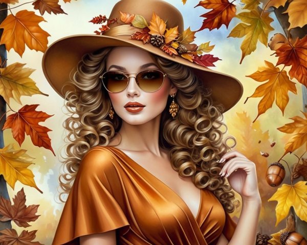 Woman in Rust Dress Surrounded by Autumn Leaves