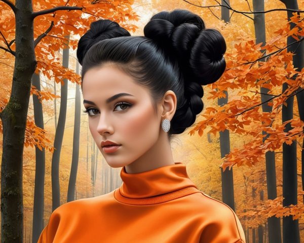Young Woman in Autumn Forest with Vibrant Leaves