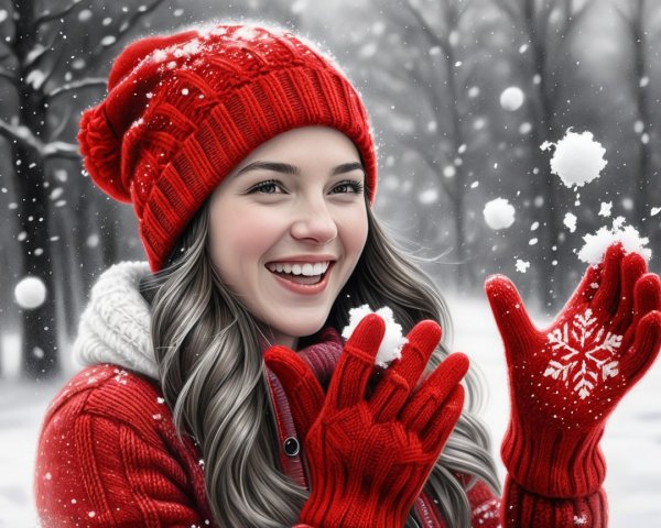 Cheerful woman in red beanie enjoys snowy landscape