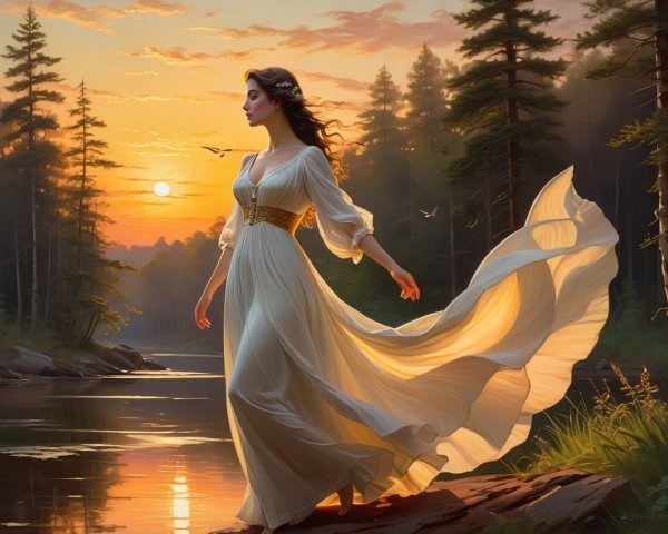 Sunset Scene with Woman by Tranquil River