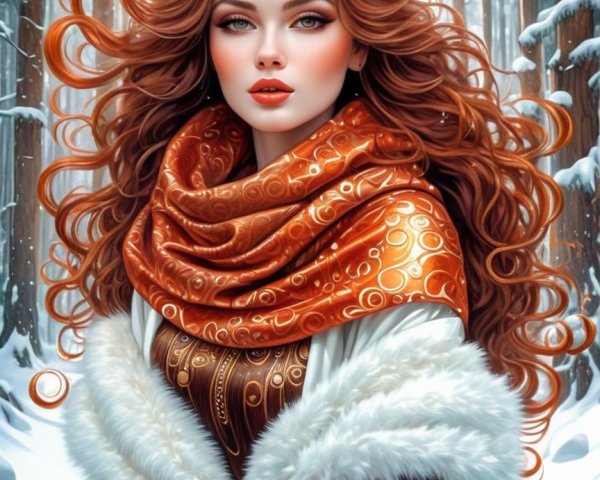 Young woman in snowy forest with elegant attire