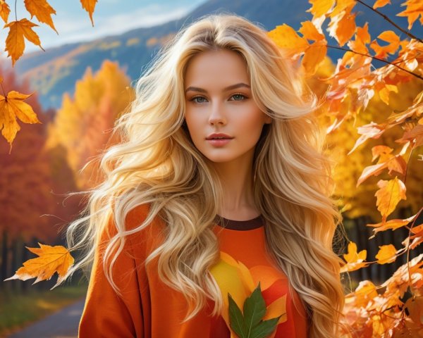 Young Woman in Autumn Landscape with Colorful Leaves
