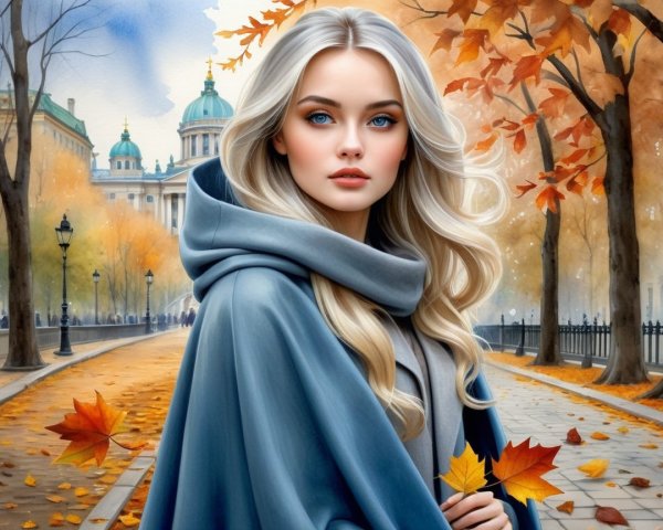Young Woman in Blue Cloak on Autumn Street