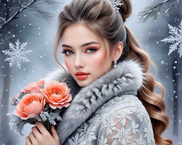 Young woman in fur coat with pink roses in snow