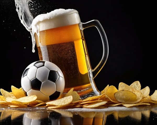 Golden Beer with Chips and Soccer Ball in Dark Setting