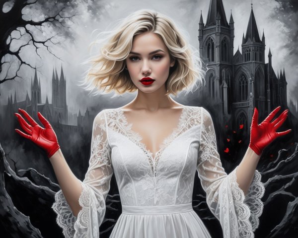 Woman in White Dress with Gothic Castle Background