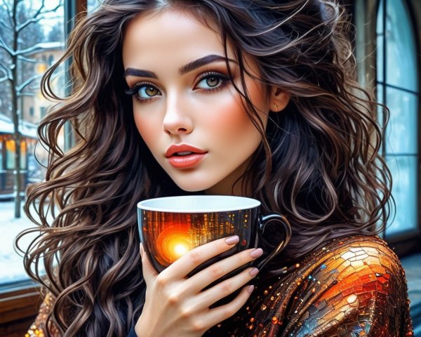 Young woman with curly hair by a window in winter