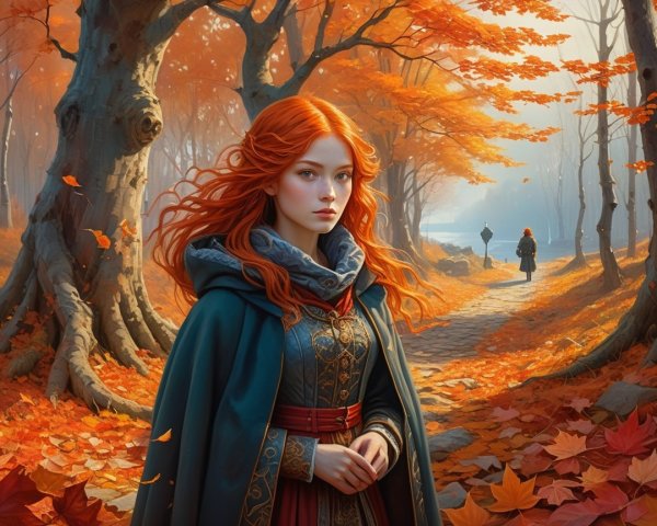 Autumn Landscape with Young Woman in Cloak and Leaves