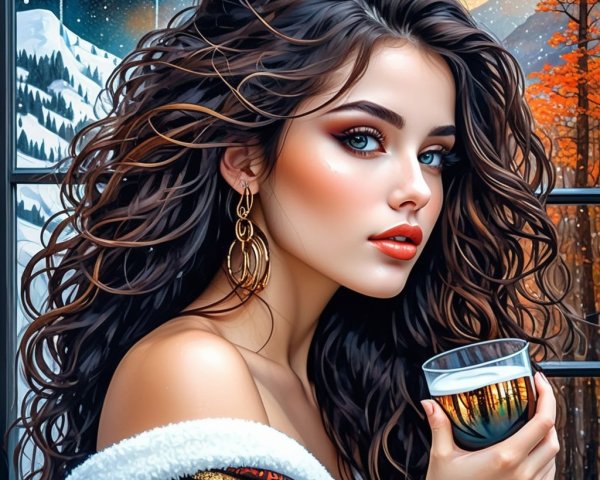 Young Woman with Curly Hair and Scenic Reflection