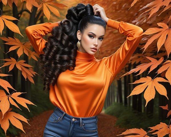 Young Woman in Autumn Forest with Vibrant Leaves