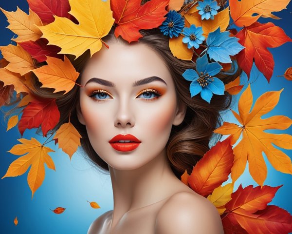 Portrait of a woman with autumn leaves and flowers