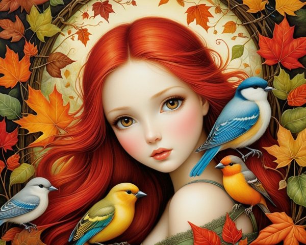 Young woman with red hair and colorful birds in autumn