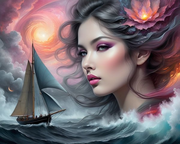 Surreal Image of Woman with Flower and Sailboat