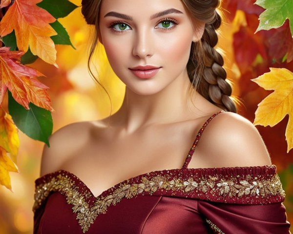 Young Woman in Burgundy Gown Among Autumn Leaves