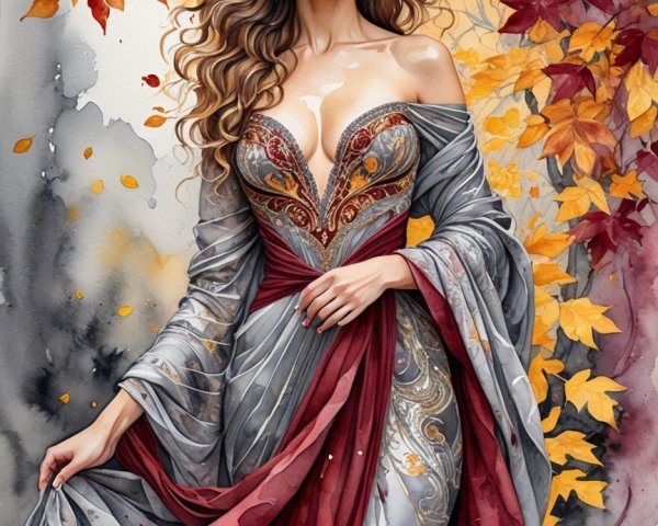 Elegant Woman in Autumn Leaves with Regal Gown