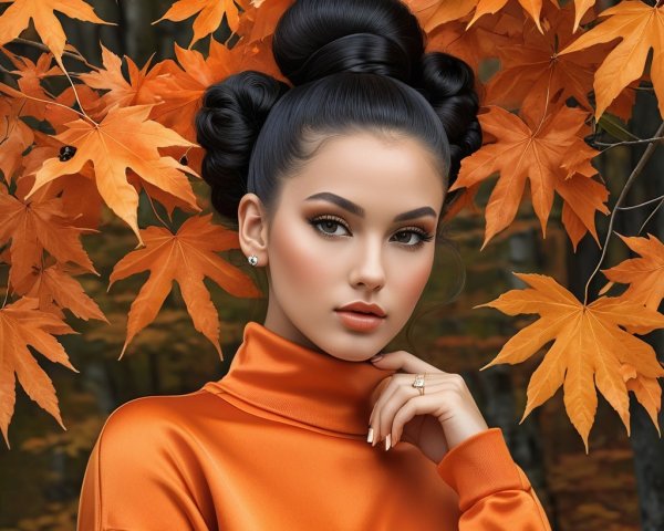 Young Woman in Orange Turtleneck Amid Autumn Leaves