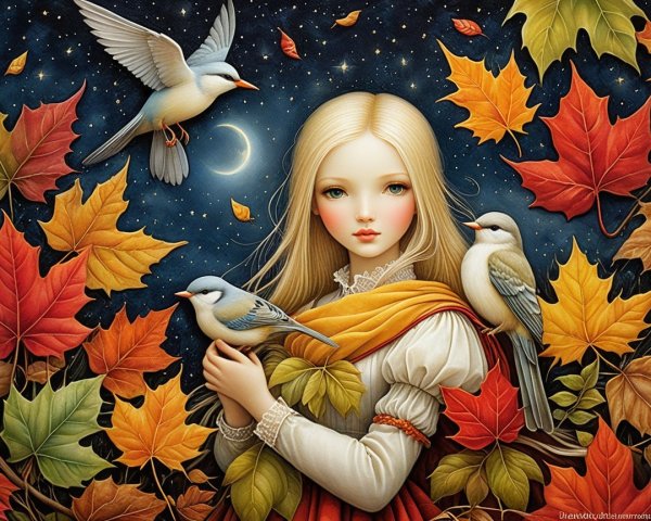 Serene girl with birds in autumn leaves under stars
