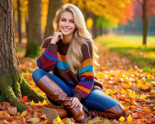 Young Woman in Autumn Setting with Colorful Leaves