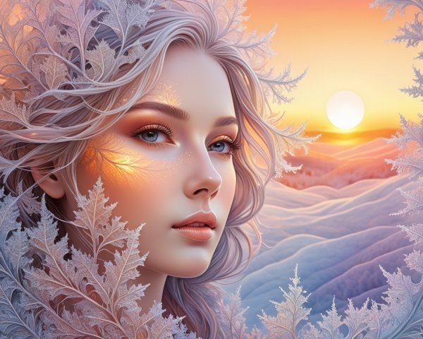 Portrait of a Woman Amid Frosty Foliage and Sunset