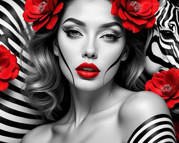 Monochrome Portrait of Woman with Red Flowers and Zebra