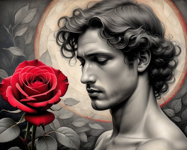 Young man with rose in serene, introspective moment