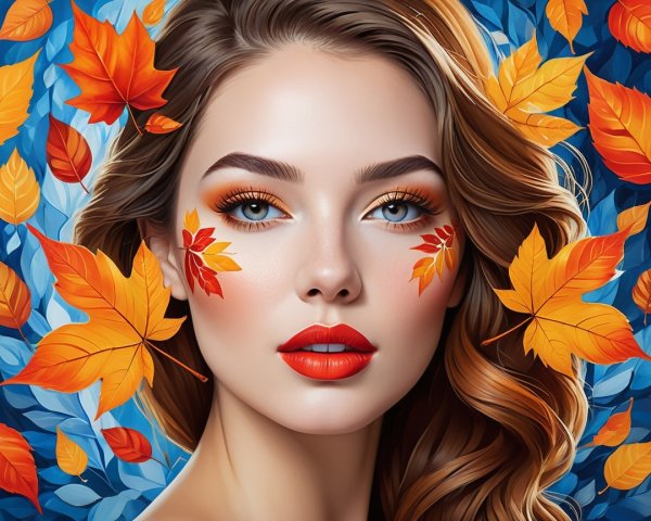 Portrait of a Woman with Autumn Leaves and Blue Eyes